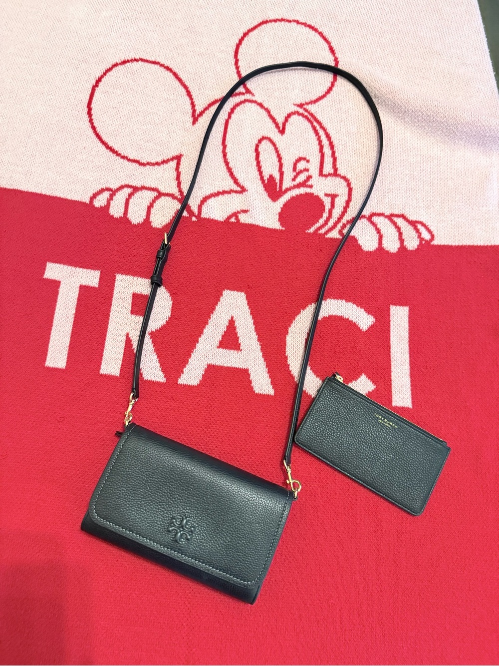 Tory Burch Black Pebbled Leather Crossbody with Card Wallet